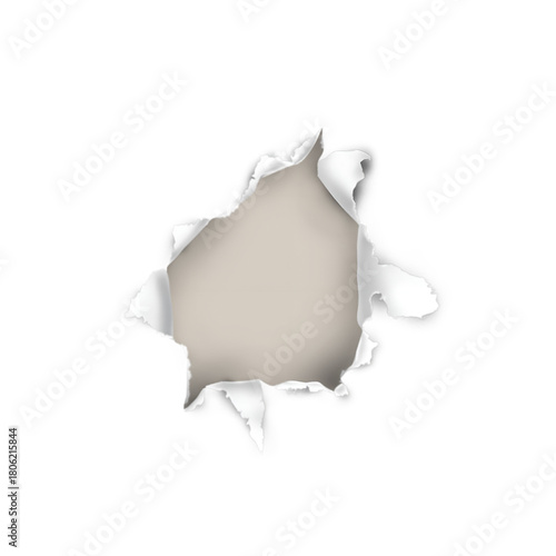 A realistic ripped hole in a sheet of white paper with curled ragged edges, revealing a blank space for text or design on a clean white background