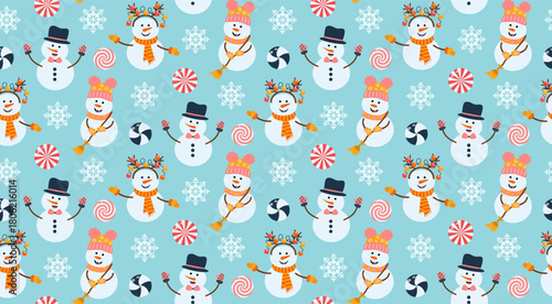 Seamless pattern featuring cute cartoon snowmen, mixed with snowflakes and round swirl candies on a light blue background