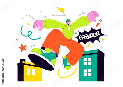 Parkour Sports Illustration Featuring Young Men Leaping Over Walls And Barriers In an Urban Cityscape With Buildings and Streets in the Background