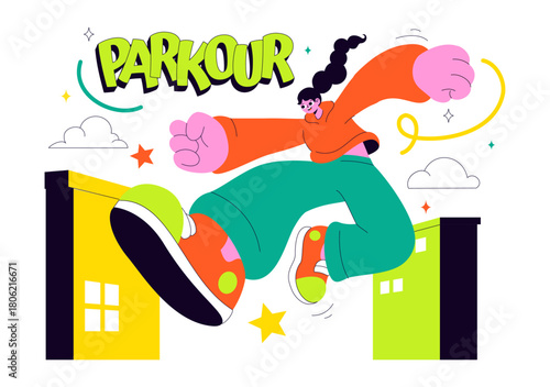 Parkour Sports Illustration Featuring Young Men Leaping Over Walls And Barriers In an Urban Cityscape With Buildings and Streets in the Background
