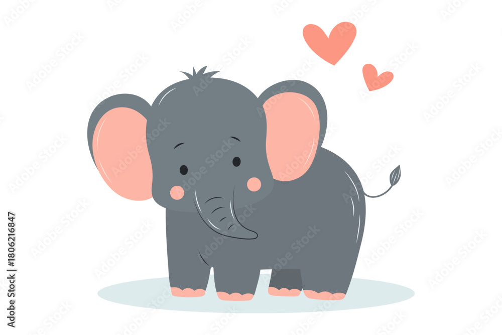 Fototapeta premium Cute baby elephant with hearts. Adorable cartoon zoo character. Cartoon flat vector illustration