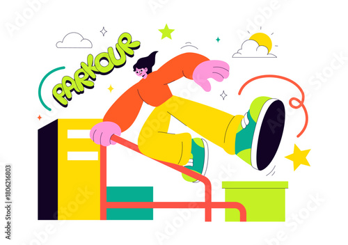 Parkour Sports Illustration Featuring Young Men Leaping Over Walls And Barriers In an Urban Cityscape With Buildings and Streets in the Background