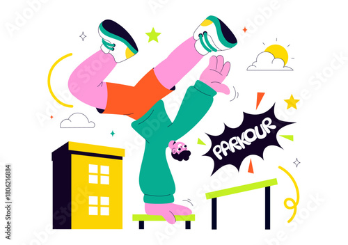 Parkour Sports Illustration Featuring Young Men Leaping Over Walls And Barriers In an Urban Cityscape With Buildings and Streets in the Background