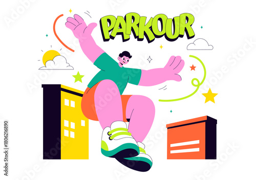 Parkour Sports Illustration Featuring Young Men Leaping Over Walls And Barriers In an Urban Cityscape With Buildings and Streets in the Background