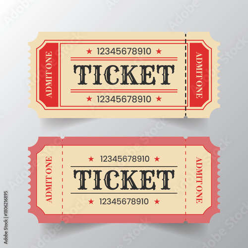 Two vintage tickets in red and beige color with the word ticket printed in the center isolated on