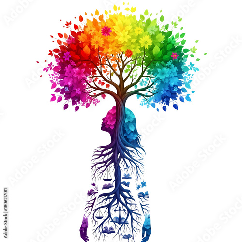Colorful tree of life with woman silhouette and roots on transparent background