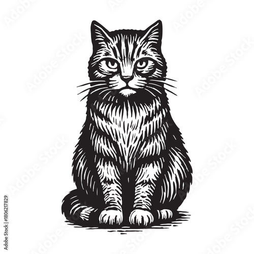 Majestic tabby cat sitting upright in a detailed black and white hand-drawn illustration. This feline portrait features a classic vintage engraving and woodcut style with intricate linework