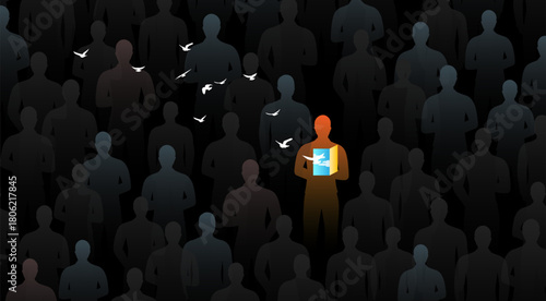 Alone in the crowd. Concept of freedom, loneliness, inspiration, imagination or sorrow. Unique person with flyng birds