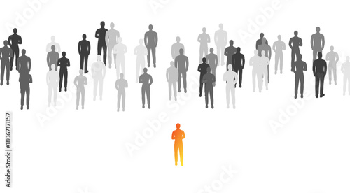 People crowd with colorful leader. Concept of teamwork, stadium, festival, demonstration, party or public protest. Vector illustration from isolated people silhouettes.