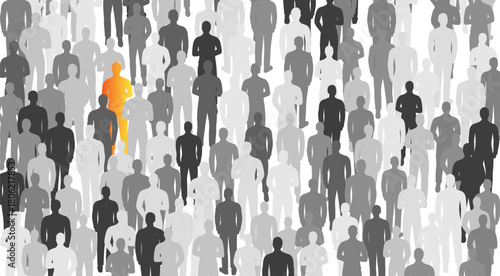 People crowd with colorful unique person. Concept of festival, demonstration, party or public protest. Vector horizontal background from isolated people silhouettes.