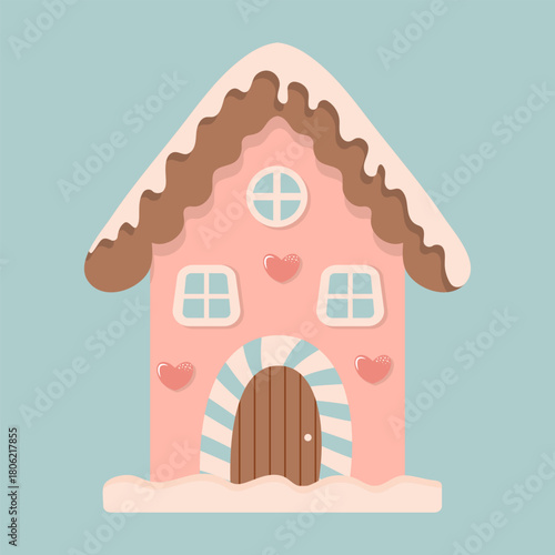 A cute vector illustration of a festive gingerbread house with pink walls, brown roof, a striped door, and pink hearts. Perfect for Christmas, holiday, and sweet treat designs