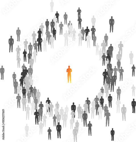People crowd around colorful leader. Concept of teamwork, stadium, festival, demonstration, party or public protest. Vector illustration from isolated people silhouettes.