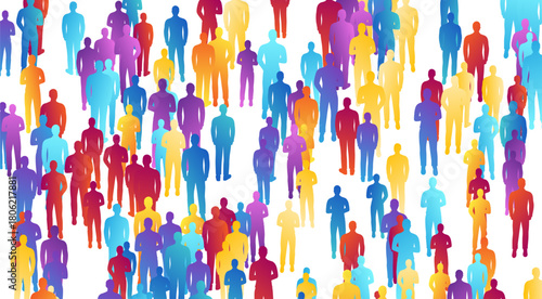 Rainbow crowd of people. Concept of festival, demonstration, party or public protest. Vector horizontal background from colorful isolated people silhouettes.