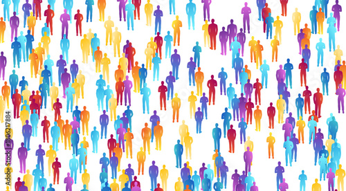 Rainbow people crowd. Concept of festival, demonstration, party or public protest. Vector horizontal background from colorful isolated people silhouettes.