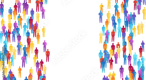Rainbow crowd of people. Concept of festival, demonstration, party or public protest. Vector vertical borders from colorful isolated people silhouettes.