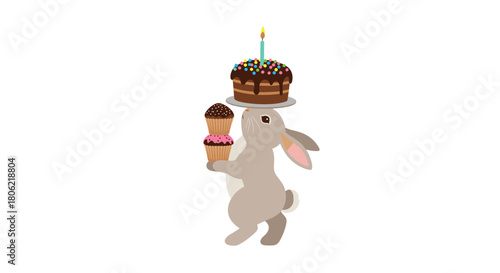 An adorable cartoon bunny celebrating a birthday, balancing a chocolate cake with a lit candle and colorful sprinkles on its head while holding two sweet cupcakes in its paws, on a white background.