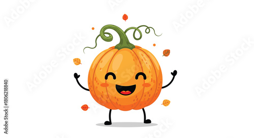 A cheerful and adorable cartoon pumpkin with a big smile and rosy cheeks, celebrating the autumn season surrounded by falling orange leaves, on a white background.