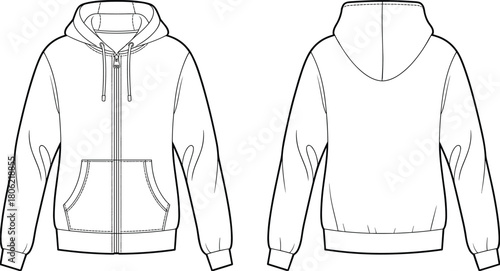 Full zip hoodie technical fashion flat sketch, long sleeve hooded sweatshirt, front and back view, kangaroo pocket, cad drawing flat vector