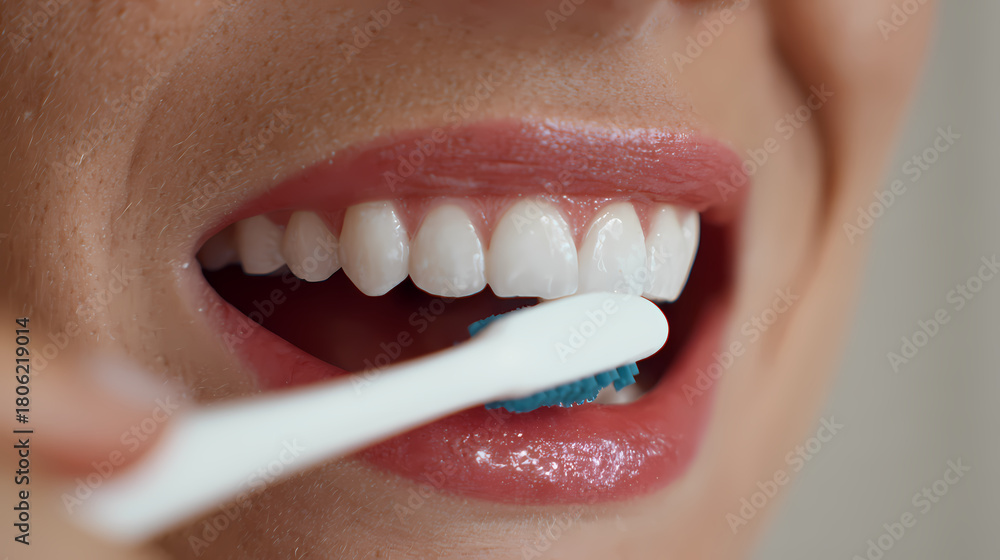Fototapeta premium Close Up Woman Brushing Teeth Minimal Soft Light