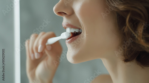 Close Up Woman Brushing Teeth Minimal Soft Light