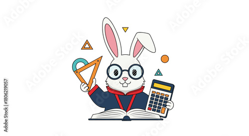 A smart cartoon white rabbit in glasses and uniform studies mathematics with an open book, a geometric ruler, and a calculator, representing education and academic pursuit.