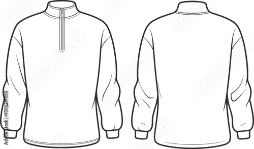 Half zip pullover sweatshirt technical fashion flat sketch, mock neck top with drop shoulder, front and back, cad drawing flat vector