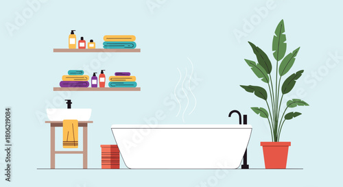 Minimalist and serene bathroom interior design featuring a bathtub with steam, a sink, wall-mounted shelves, towels, and a decorative houseplant.