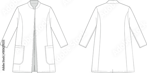 Medical lab coat technical fashion flat sketch, stand collar uniform jacket with pockets, front and back view, cad drawing flat vector