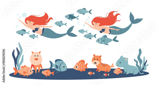 Two red-haired mermaids swim gracefully underwater with schools of fish, while various cute cartoon animals and more fish populate the ocean floor amidst blue seaweed.