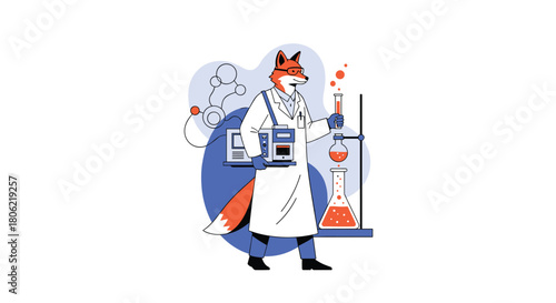 An anthropomorphic fox scientist wearing a lab coat and safety glasses carefully conducts experiments with test tubes and flasks in a modern laboratory setting.