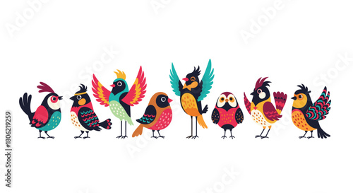 A vibrant collection of whimsical and colorful cartoon birds, each with unique features, standing in a cheerful row against a clean white background.