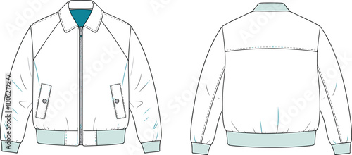 Harrington jacket technical fashion flat sketch, zip up bomber with raglan sleeves, spread collar, front and back, cad drawing flat vector
