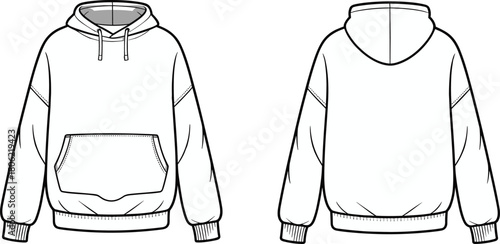 Oversized drop shoulder hoodie technical fashion flat sketch, long sleeve pullover with kangaroo pocket, front and back, cad drawing flat vector