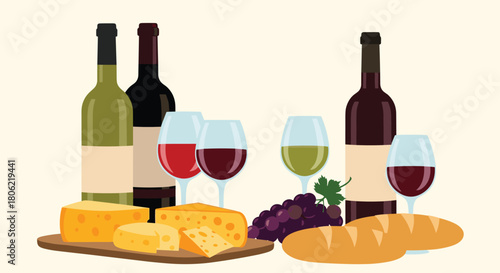 A rustic spread of red and white wine bottles, glasses filled with wine, assorted cheeses, fresh grapes, and crusty bread, perfect for a European-style picnic or tasting.