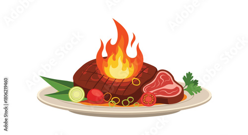An appetizing graphic depicting a sizzling grilled steak on fire, accompanied by raw beef, onion rings, tomatoes, and green garnishes on a white plate.