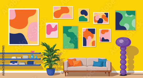 A brightly colored modern living room features abstract art on sunny yellow walls, a cozy sofa with colorful cushions, and a stylish houseplant.