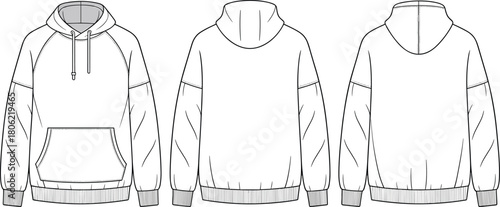 Raglan sleeve hoodie technical fashion flat sketch, oversized pullover sweatshirt, kangaroo pocket, front and back, cad drawing flat vector