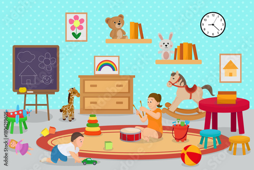 Scattered toys in cute kids room children playing doll table and chairs ball car shelf with books plush toys