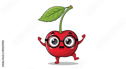 Cute cartoon cherry character wearing black-rimmed glasses, with a cheerful expression and raised arms, walking or dancing happily on a white background, embodying a smart and playful fruit mascot.
