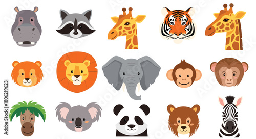 A vibrant collection of diverse cartoon wild animal head portraits, featuring lions, elephants, giraffes, tigers, pandas, and koalas, on a white background.