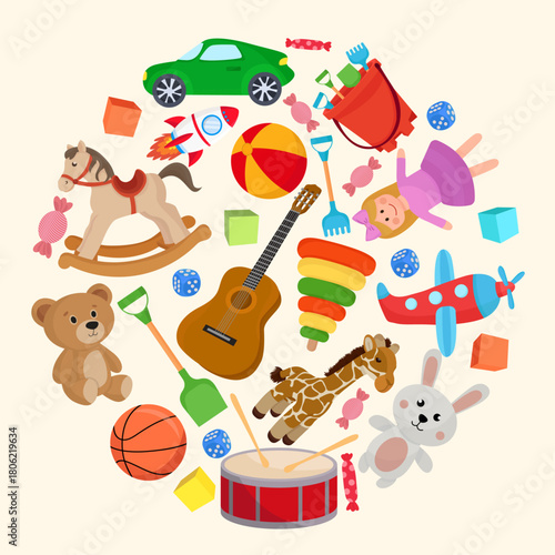 Circle frame with kid's toys and sweets childhood doll car plane pyramid ball rocking horse