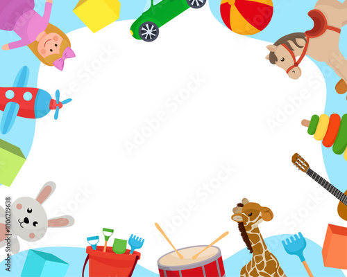 Cute chidren frame with colorful toys car ball pyramide rocking horse bear bunny flat illustration