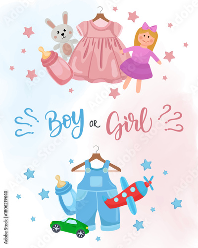 Boy or girl gender party reveal pink dress on hanger and toys doll blue coverall plane car