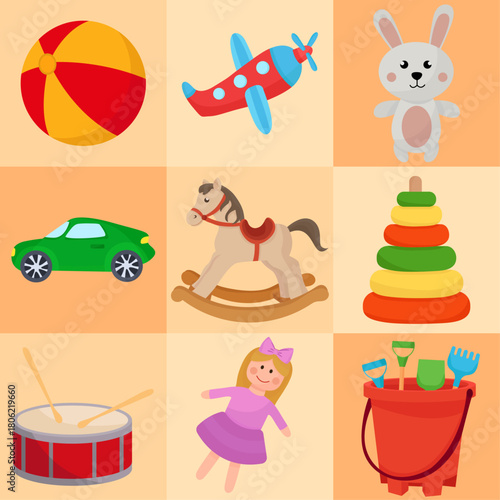 Cute kid's toys vibrant colorful pyramid doll bunny sand toys car plane ball flat illustration