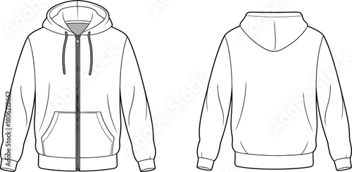 Full zip hoodie technical fashion flat sketch, long sleeve hooded sweatshirt, drawstring, kangaroo pocket, front and back, cad drawing flat vector