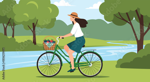 A young woman enjoys a relaxing bicycle ride through a beautiful green park, carrying a basket of fresh fruits and berries along a winding river.