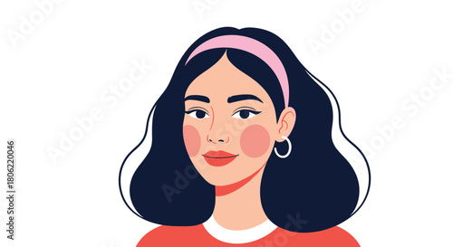 A stylish young woman with dark hair and a pink headband, wearing a red top and hoop earrings, smiles gently in a vibrant, modern flat illustration.