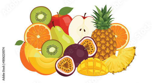 A vibrant and colorful assortment of fresh tropical and common fruits like kiwi, apple, orange, pear, passion fruit, pineapple, mango, and melon, arranged on white.