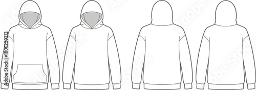 Set of oversized pullover hoodies technical fashion flat sketch, with and without pocket, front and back, cad drawing flat vector