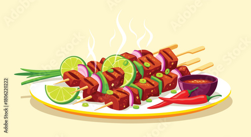 Delicious grilled meat or protein skewers with vegetables and lime, served on a white plate with chili peppers and a dipping sauce, emanating steam.